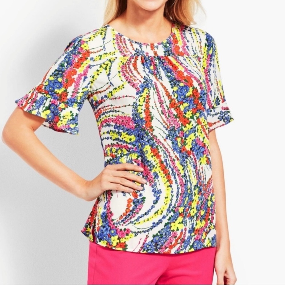 Talbots Ruffle Sleeve Swirling Floral Blouse Colorful Lightweight Women’s Sz XLP